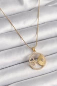 316L Çelik Gold Renk Zincir Zirkon Taşlı Yıldız İşleme Madalyon Model Kadın Kolye - TJ-BKO9636 - 1