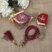 Hediyelik Mini Kuran, İnci Tesbihli Kare Kutulu Set-Kırmızı - 1
