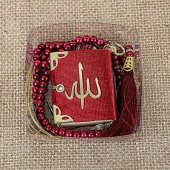 Hediyelik Mini Kuran, İnci Tesbihli Kare Kutulu Set-Kırmızı - 3