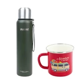 Orcamp Çelik Termos 1 Lt Yeşil OUT-5050+Emaye Karavan 180 ml Kupa OUT-1900 Kırmızı ORC-068-B-K3 - 1
