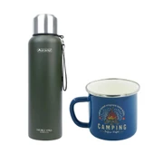 Orcamp Çelik Termos 1,5 Lt Yeşil OUT-5100+Emaye Camping 180 ml Kupa OUT-1900 Mavi ORC-069-B-M2 - 1