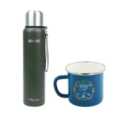 Orcamp Çelik Termos 1 Lt Yeşil OUT-5050+Emaye Summer 180 ml Kupa OUT-1900 Mavi ORC-068-B-M4 - 1