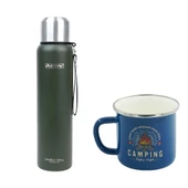 Orcamp Çelik Termos 1 Lt Yeşil OUT-5050+Emaye Camping 180 ml Kupa OUT-1900 Mavi ORC-068-B-M2 - 1