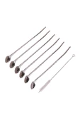 6'lı Paslanmaz Krom Pipetli Latte Kaşığı Kokteyl Kaşığı Ve Temizleme Fırçası, 22 Cm Yaprak Model - 1
