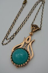 STONEAGE Bayan Kolye Kaliteli Bronz Turkuaz Kristal Taşlı Lale Fi thumbnail 2