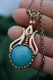 STONEAGE Bayan Kolye Kaliteli Bronz Turkuaz Kristal Taşlı Lale Fi thumbnail 5