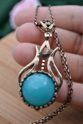 STONEAGE Bayan Kolye Kaliteli Bronz Turkuaz Kristal Taşlı Lale Fi thumbnail 6