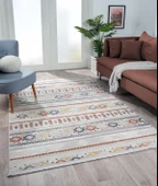 Lotus 8565 Gri Halı Renkli Kilim Desenli Modern Ince Akrilik Tozuaz Salon Halısı Yatak Odası Koridor Özel Ölçü RENKLI thumbnail 2