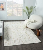 Lotus Plus 08581a Beyaz Halı Bej Abstract Detaylı Modern Ince Akrilik Tozuaz Salon Halısı Koridor Özel Ölçü BEYAZ thumbnail 3