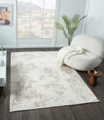 Lotus Plus 08584a Beyaz Halı Kahverengi Detaylı Ince Akrilik Tozuaz Salon Halısı Yatak Odası Koridor Özel Ölçü BEYAZ thumbnail 3