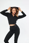 Lesa Wear Fitilli Kapüşonlu Içi Polarlı Yumuşacık Şardonlu Kaşkorse Crop Sweatshirt Hırka - 1