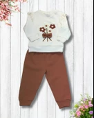Çiçekli Volanlı Kol Aylık Kız Bebek Takım (Kahve) - 2