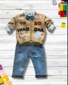 Erkek Bebek Aylık Hırka Gömlek Pantolon ve Papyonlu Nakışlı Takım (Krem) - 2