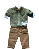 Erkek Bebek Aylık Hırka Gömlek Pantolon ve Papyonlu Takım (Haki) thumbnail 1