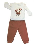 Çiçekli Volanlı Kol Aylık Kız Bebek Takım (Kahve) - 1