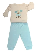 Çiçekli Volanlı Kol Aylık Kız Bebek Takım (Mavi) thumbnail 1