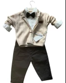 Erkek Bebek Aylık Hırka Gömlek Pantolon ve Papyonlu Takım (Krem) - 1