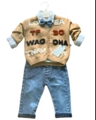 Erkek Bebek Aylık Hırka Gömlek Pantolon ve Papyonlu Nakışlı Takım (Krem) - 1