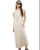 Sıfır Yaka Kolsuz Krem Düz Uzun Saten Elbise thumbnail 1