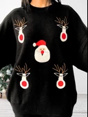 Kadın Uzun Kol Yeni Yıl Nakışlı Bisiklet Yaka Triko Kazak Pantolon Takım (Siyah) thumbnail 3