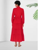Dökümlü Sıfır Yaka Kırmızı Kloş Elbise thumbnail 4