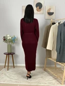 Uzun Kollu Balıkçı Yaka Kemer Detaylı Triko Rahat Kesim Midi Elbise (Bordo) - 7
