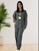 Kadın Uzun Kol Teddy Bear Bisiklet Yaka Triko Kazak Pantolon Takım (Gri) thumbnail 2
