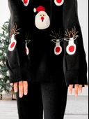 Kadın Uzun Kol Yeni Yıl Nakışlı Bisiklet Yaka Triko Kazak Pantolon Takım (Siyah) thumbnail 4