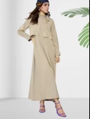 Dökümlü Şal Yaka Uzun Krem Elbise thumbnail 4