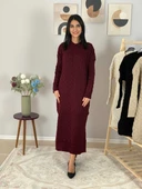 Bsiklet Yaka Saç Örgülü Triko Midi Elbise (Bordo) - 2
