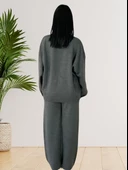 Kadın Uzun Kol Teddy Bear Bisiklet Yaka Triko Kazak Pantolon Takım (Gri) thumbnail 5