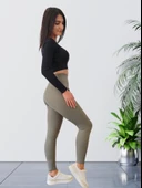 Yüksek Bel Toparlayıcı ve Sıkılaştırıcı Likralı Fitilli Şardonlu Tayt (Haki) thumbnail 4