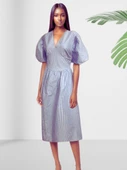 Çizgili V Yaka Balon Kol Fermuarlı Kloş Elbise thumbnail 3