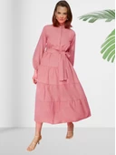 Dökümlü Sıfır Yaka Pembe Kloş Elbise thumbnail 3