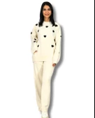 Kadın Uzun Kol Kalpli Bisiklet Yaka Triko Kazak Pantolon Takım (Beyaz) thumbnail 1