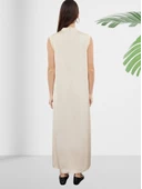 Sıfır Yaka Kolsuz Krem Düz Uzun Saten Elbise thumbnail 4