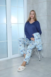 Limissi Viskon Desenli Mavi Pijama Takımı %100 Pamuk - 4
