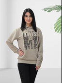 Baskılı Kapüşonlu Swaetshirt (Çizgili Taba) thumbnail 2