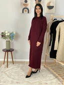 Bsiklet Yaka Saç Örgülü Triko Midi Elbise (Bordo) - 5