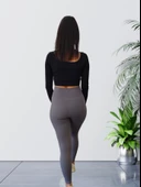 Yüksek Bel Toparlayıcı ve Sıkılaştırıcı Likralı Fitilli Şardonlu Tayt (Antrasit) thumbnail 5