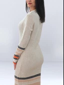 Fitted Kesim Sıfır Yaka Triko Elbise (Bej) - 7