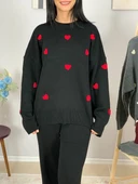 Kadın Uzun Kol Kalpli Bisiklet Yaka Triko Kazak Pantolon Takım (Siyah) thumbnail 5