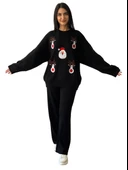Kadın Uzun Kol Yeni Yıl Nakışlı Bisiklet Yaka Triko Kazak Pantolon Takım (Siyah) thumbnail 1