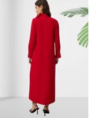 Dökümlü Şal Yaka Uzun Kırmızı Elbise thumbnail 4