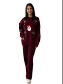 Kadın Uzun Kol Yeni Yıl Nakışlı Bisiklet Yaka Triko Kazak Pantolon Takım (Bordo) - 1