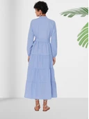 Dökümlü Sıfır Yaka Mavi Kloş Elbise thumbnail 4