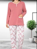 Büyük Beden Desenli Pamuk Kadın Pijama Takımı (Pudra) thumbnail 3