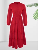 Dökümlü Sıfır Yaka Kırmızı Kloş Elbise thumbnail 3