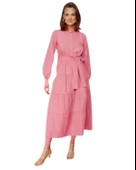 Dökümlü Sıfır Yaka Pembe Kloş Elbise thumbnail 1