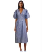 Çizgili V Yaka Balon Kol Fermuarlı Kloş Elbise thumbnail 1